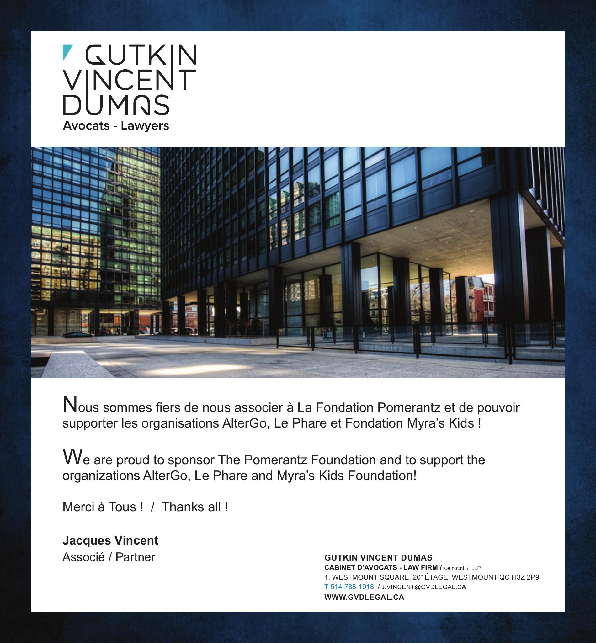Gutkin Vincent Dumas — Avocats / Lawyers, proud sponsor of the Pomerantz Foundation